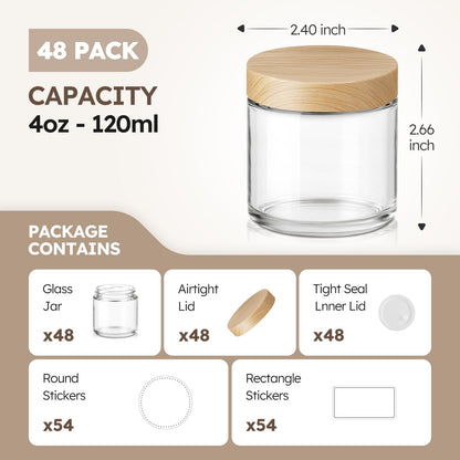 4 oz Glass Jar with Lids, 48 Pack Small Glass Candle Jars with Lids & Sticker, Empty Cosmetic Containers for Sample, Cream, Spice, Lotion, Ointments（Plastic Woodgrain）