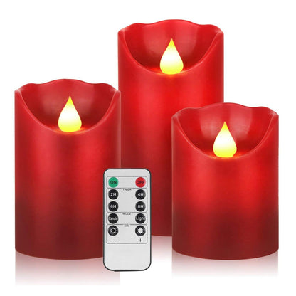YIWER Flameless Candles Set of 3, Φ3.15 xH 4"/5"/6" Real Wax Not Plastic Pillars Include Realistic Dancing LED Flames and 10-Key Remote Control with 2/4/6/8-hours Timer Function,300+ Hours (3×1, Red)