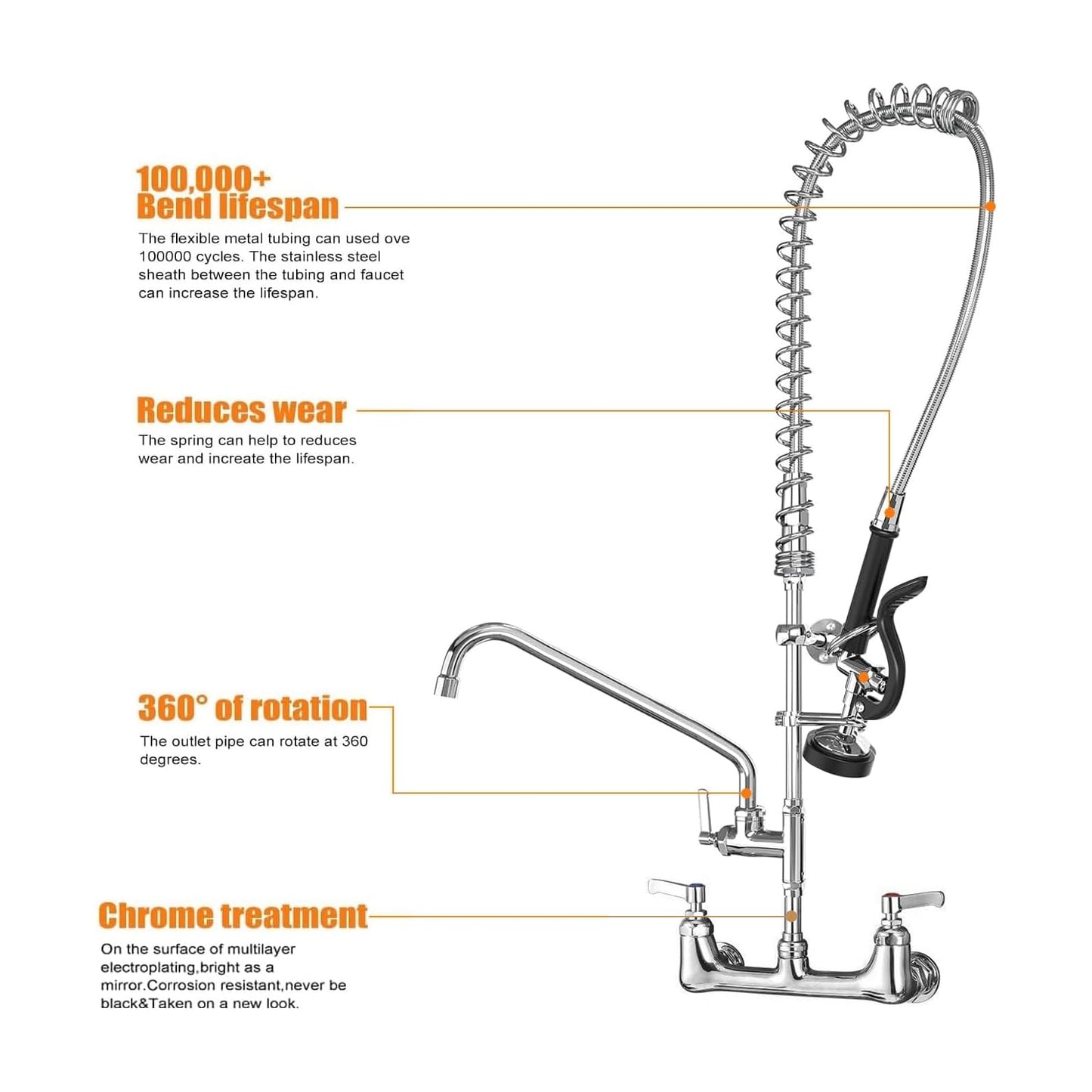 Commercial Sink Faucet with Sprayer for Kitchen: MSTJRY 42" Height 8" Center 14" Swing Spout Pre Rinse Assembly Wall Mount Commercial Faucet with Sprayer Fit for 3 Compartment Sink - Polished Chrome