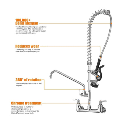 Commercial Sink Faucet with Sprayer for Kitchen: MSTJRY 42" Height 8" Center 14" Swing Spout Pre Rinse Assembly Wall Mount Commercial Faucet with Sprayer Fit for 3 Compartment Sink - Polished Chrome