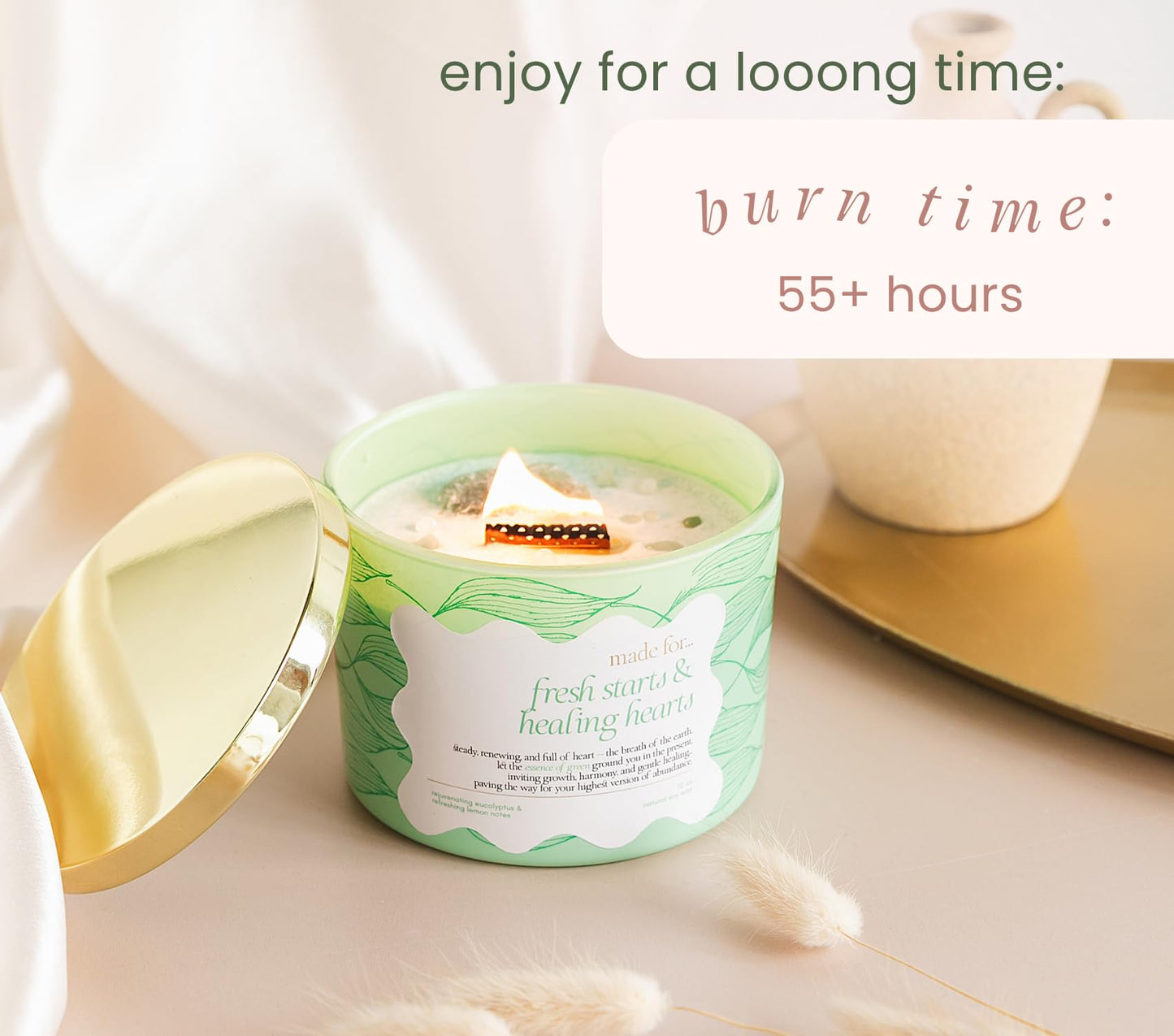 Pink Crystal Candle for Women – 12oz Large Luxury Soy Wax with Crackling Wood Wick, Slow Burn Meditation with Healing Crystals, Birthday or Mother’s Day Gift