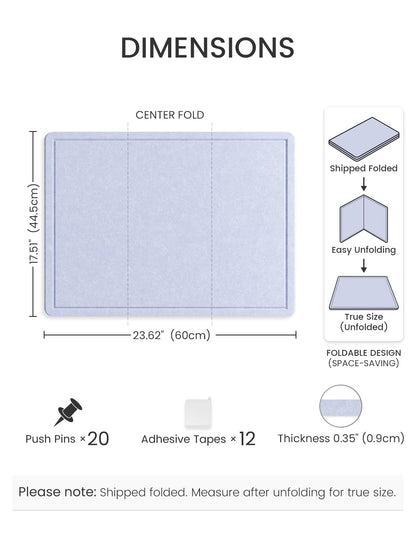 Fluxynara Bulletin Board, 23.6" x 17.5" Cork Board Alternative with 12 Safe Removable Adhesive Tabs, Foldable Felt Pin Board for Home Office, Classroom, Bedroom,Entryway for Walls—Soft Periwinkle