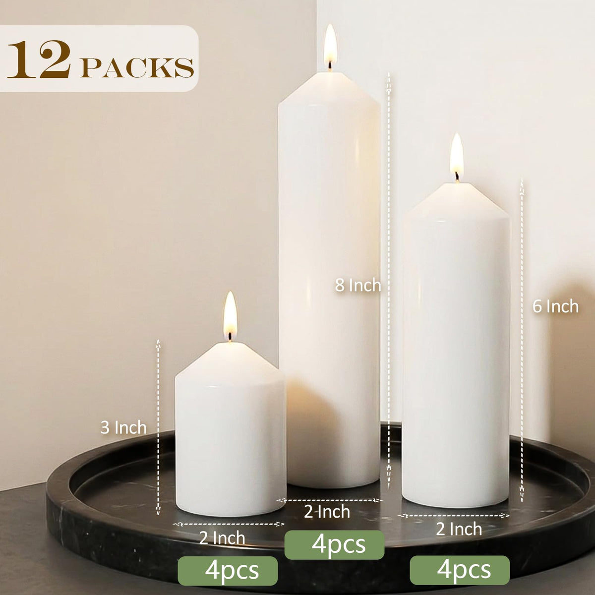 12 Packs White Pillar Candles for Centerpiece, 2x3 2x6 2x8 Inch, Classic Unscented Wedding Candles for Hurricane, Dripless and Smokeless Candles for Party, Home Decor, Mantels