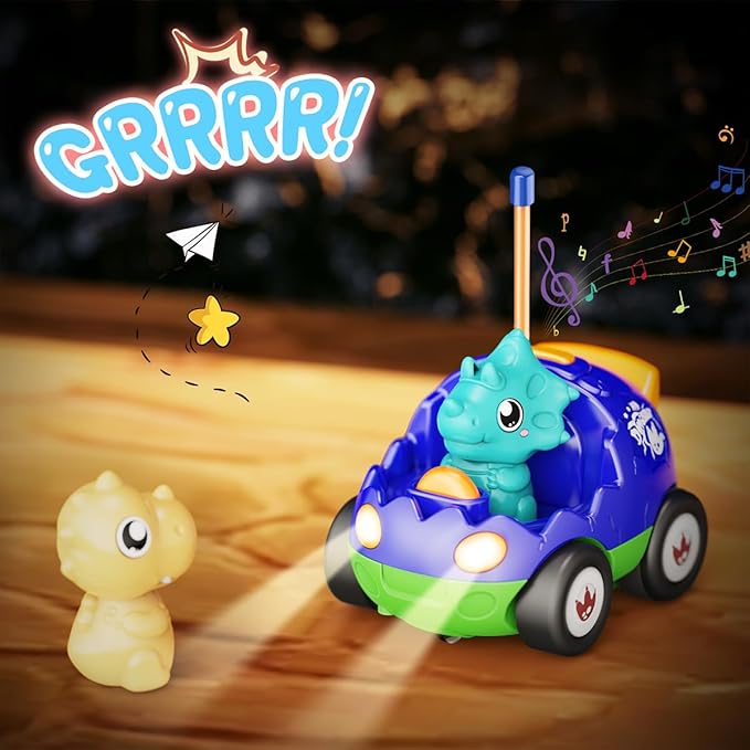 2 Pack Dinosaur Toys Remote Control Cars for Toddlers Ages 2 3 4 5 Christmas Birthday Gifts for 2-5 Year Old Boys Dinosaur RC Car Toys with Music and Lights (Green Blue)