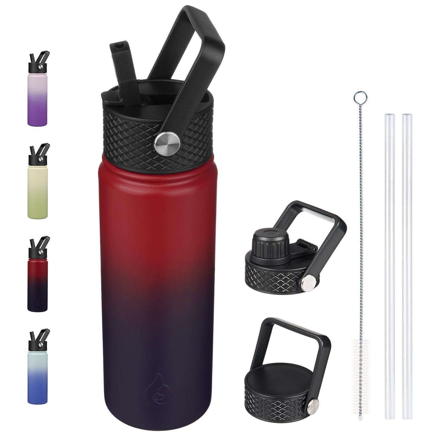 BJPKPK Insulated Water Bottles with Straw Lid, 22oz Cold & Hot Thermos, Stainless Steel Metal Water Bottle with 3 Lids, Reusable Thermos, Cups, Mugs-Charming Red