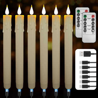SUNGEGE 9.9-Inch Rechargeable Flameless Taper Candles, 60+ Hours Runtime, Remote & Timer, Flickering LED, Safe for Home & Events 6-Pack, Ivory, Plastic