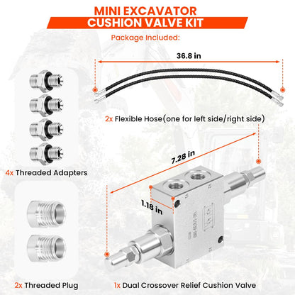 Mini Excavator Hydraulic Cushion Valve kit,1/4" Hydraulic Hoses and M14x1.5 Threaded Ends with Hydraulic Swivel Motor Buffer Dual Crossover Relief Cushion Valve