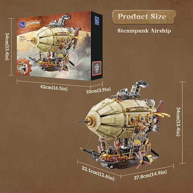 PANTASY Steampunk Airship Model Kit for Adults Dual-Layer Zeppelin with Gear-Driven Mechanical System DIY Building Blocks Set Retro Sci-Fi Construction Toy for Collectors &amp Display