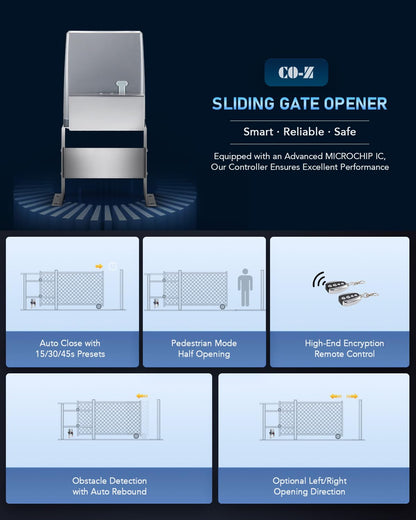 CO-Z 1800 lb Automatic Sliding Gate Opener with 2 Remote Controls, Electric Rolling Driveway Slide Gate Motor, Complete Gate Operator Hardware Security System Kit for Sliding Gate Up to 40 Feet