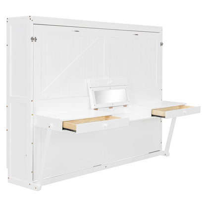 DNYN Murphy Bed with Vanity Desk and Center Mirror for Bedroom/Guest Room, Space-Saving Queen Size Foldable Wall Bed Frame with 2 Side Storage Drawers, No Box Spring Needed