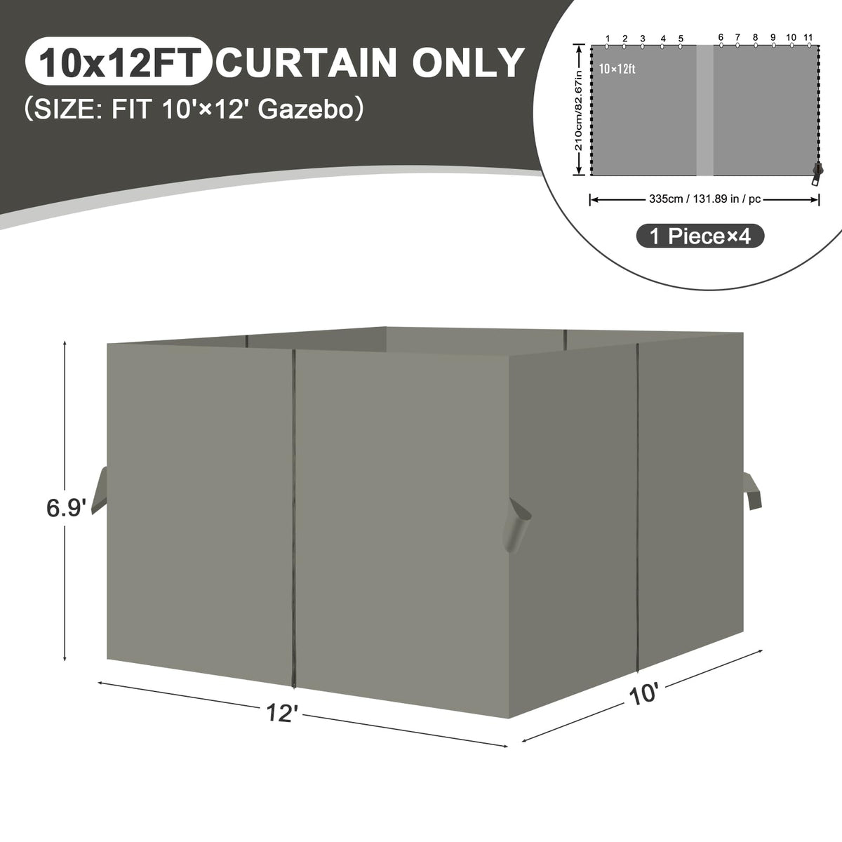 Aoodor 10x12 ft Outdoor Gazebo Curtains, 4 Panels Waterproof Privacy Sidewall Replacement with Zipper for Patio Pergola and Canopy, Gray