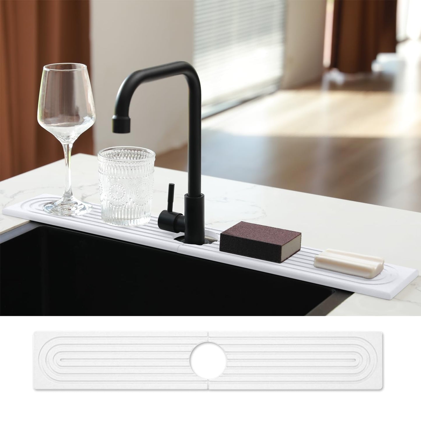 WIFORH Faucet Mat for Kitchen Sink, 24 inch Long Diatomite Fast Drying Stone Sink Tray，Diatomite Absorbent Mat, Faucet Splash Guard for Bathroom Kitchen, Dark Gray(23.6 x 3.93 in)