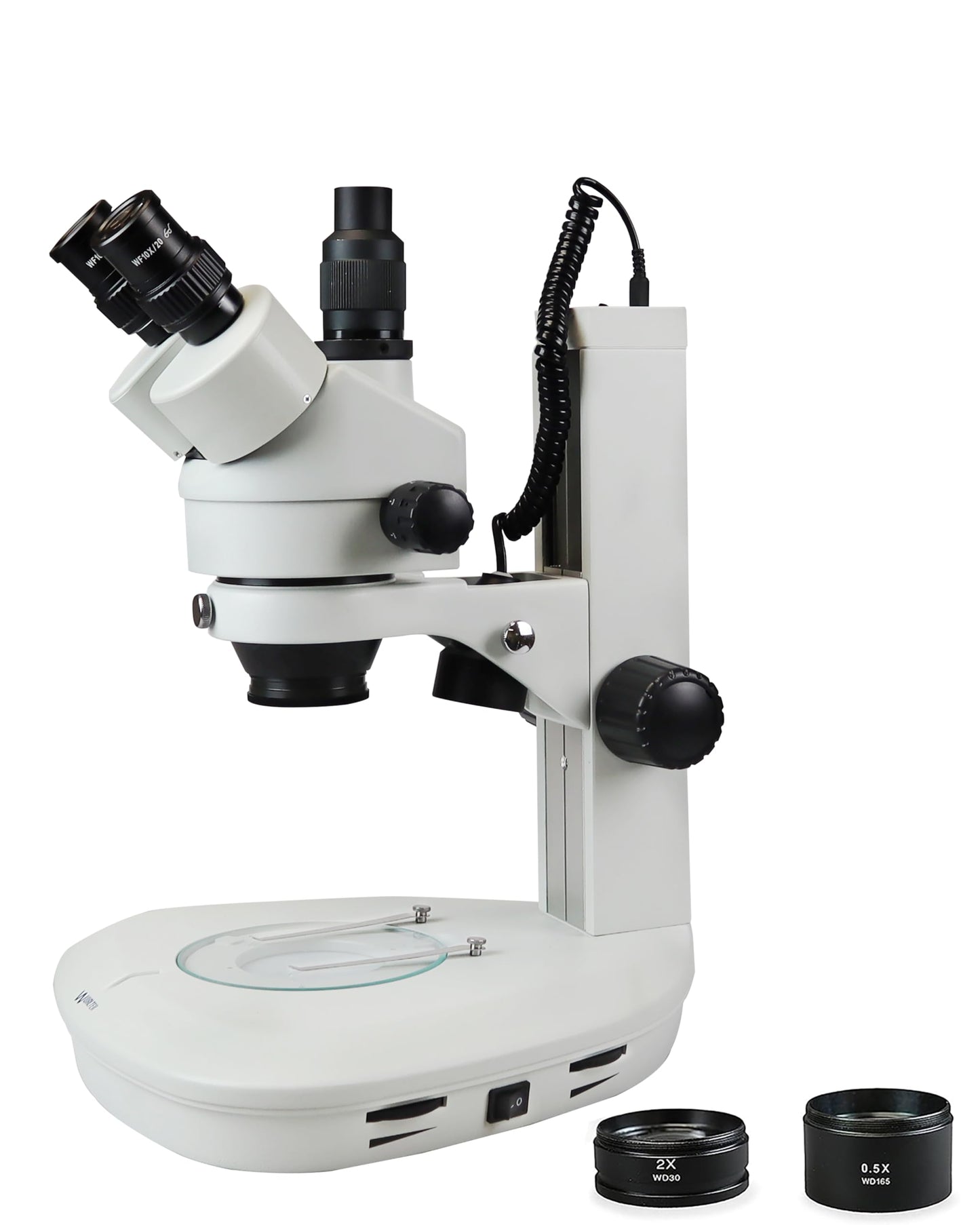 Vision Scientific VS-2FZ Trinocular Zoom Stereo Microscope, 0.7X—4.5X Zoom Range, 3.5X—90x Magnification Range, 0.5X & 2X Auxiliary Lens, Dual LED Illumination, Track Stand