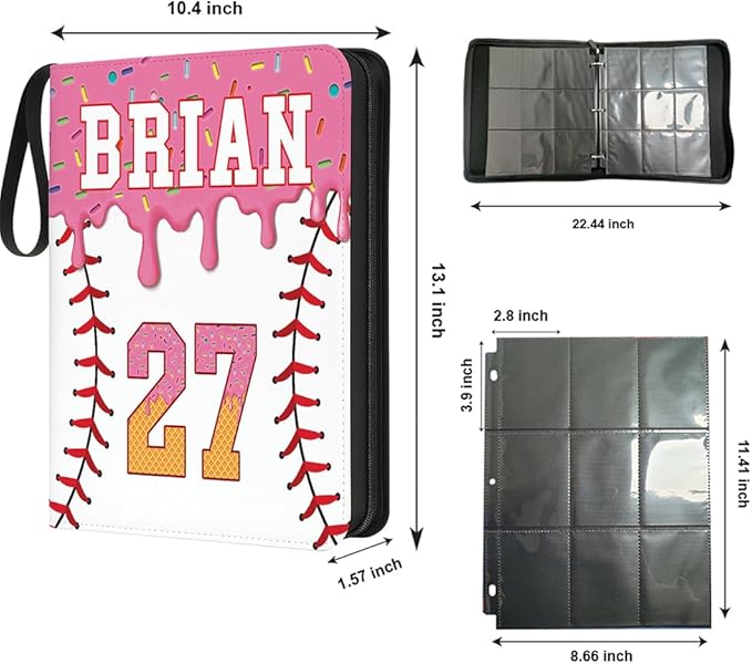 Personalized Ice Cream Drip Baseball Card Binder with Name &amp Number – Zipper Trading Card Album with Handle – Collector Case for Players &amp Fans (Ice Cream Drip Art #3)