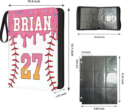 Personalized Ice Cream Drip Baseball Card Binder with Name &amp Number – Zipper Trading Card Album with Handle – Collector Case for Players &amp Fans (Ice Cream Drip Art #3)