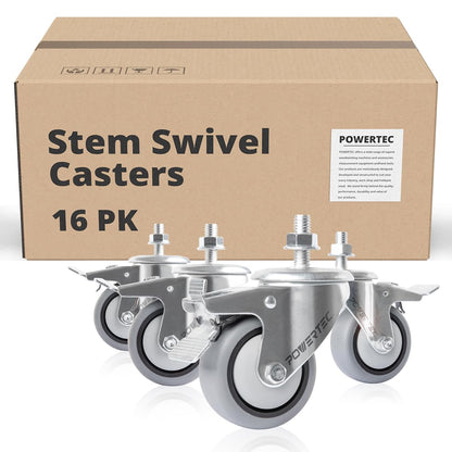 POWERTEC 17201-Case4 3" Heavy Duty Threaded Stem Swivel Caster Wheels with 600 lbs Total Loads, Dual Locking Industrial Castor Wheels for Workbench, Dolly, Cart & Furniture, (Pack of 16)