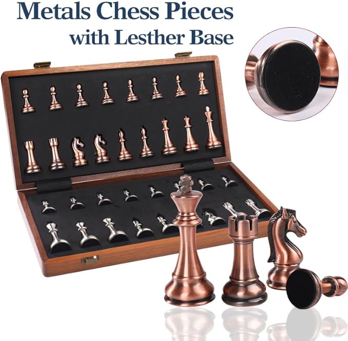 15 Inch Walnut Chess Board Set for Adults Kids Metal Chess Folding Portable Travel Chess Game for Tournament Professional Beginner with Manual