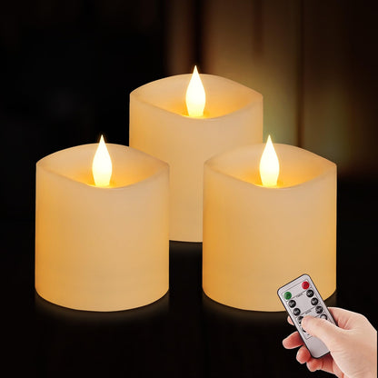 3x3 Flickering Flameless Candles Set of 3, 2AA Battery Life 600 Hours Battery Candles Flickering with Timer,3 inch Flameless Candles with Remote for Indoor/Outdoor, Ivory