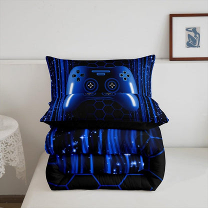 Erosebridal Kids Gamer Full Comforter Set for Boys Bedroom Neon Lights Dark Blue Gaming Bedding Set for Kids Teens Game Console Quilt Striped Honeycomb Hexagon Comforter Geometric Duvet Insert