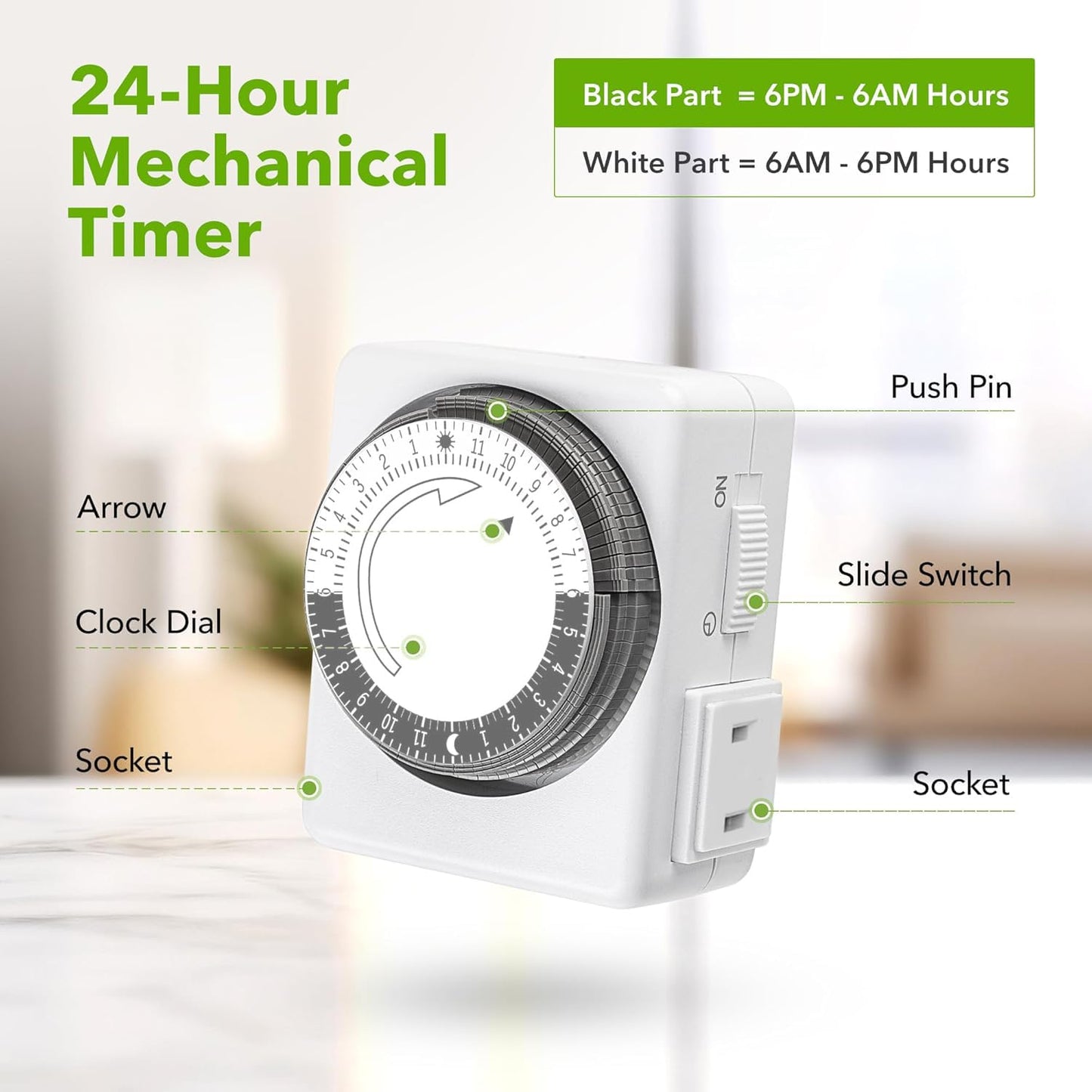 HBN Outlet Timer for Electrical Outlets Indoor, 24 Hour Mechanical Light Timers for Lamps, Dual 2-Prong Plug-in Outlets, 15-Minute Intervals, Heavy Duty Daily Cycle, 2 Pack