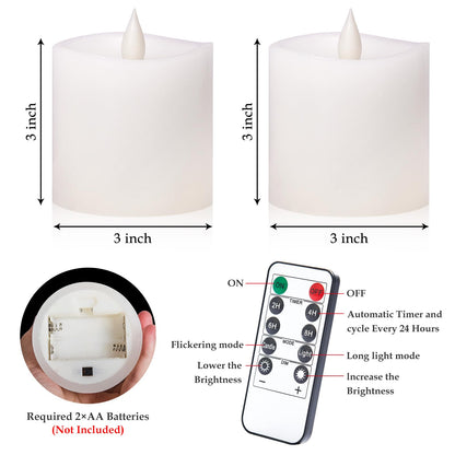 Woocodowe Flickering Flameless Candles Battery Operated with Remote Timer - Realistic 3D Moving Flame Candles, 600+ Hours Long-Lasting White LED Wax Candles for Wedding Home Decor, 3x3 Inch Set of 2