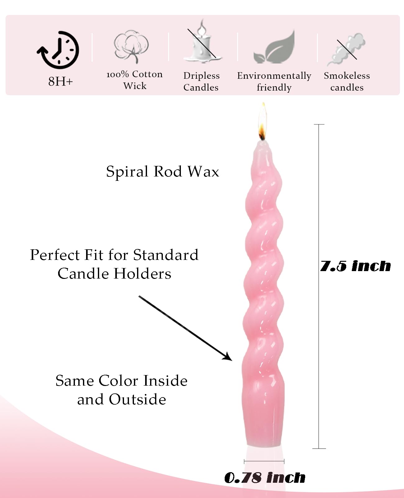 LPUSA Pink Spiral Taper Dinner Candles Conical Stick Candles Wax Unscented Dinner Candle Dripless for Home Decor, Relaxation Set of 4（7.6" Baby Pink）