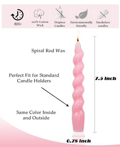 LPUSA Pink Spiral Taper Dinner Candles Conical Stick Candles Wax Unscented Dinner Candle Dripless for Home Decor, Relaxation Set of 4（7.6" Baby Pink）
