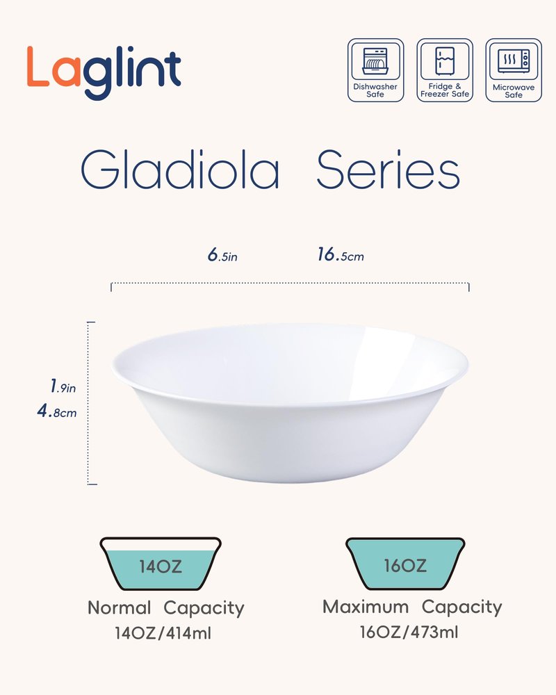 LaGlint 25OZ Cereal Soup Bowl Set of 4, Opal Glass 7.5 inch White Bowls for Ramen, Noodle, Salad, Fruit, Dishwasher and Microwave Safe