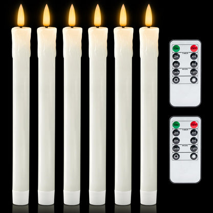 Homemory 6 PCS Real Wax Flameless Taper Candles with Remote, Flickering LED Candlesticks with Timer Dimmer, Fake Candles for Xmas Wedding Celebration Decor, White, 9.6 Inches