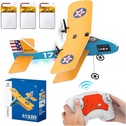 RC Plane 2.4Ghz Remote Control Airplane with 3 Batteries &amp 6-axis Gyro Stabilizer 2 Channel RTF PT-17 RC Toy Easy to Fly for Beginners Kids Boys Girls Adults (Yellow)