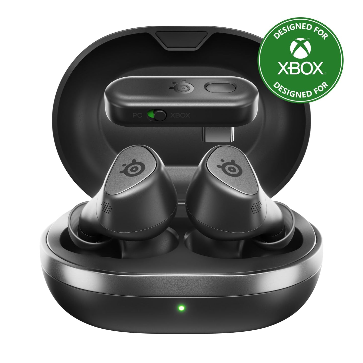 SteelSeries Arctis GameBuds for Xbox/PC/PS5/Switch/Mobile — Quick-Switch 2.4GHz+Bluetooth 5.3 — Active Noise Cancelling — Mobile App — Water Resistant IP55 — 40H Battery with Qi Charging Case - Black