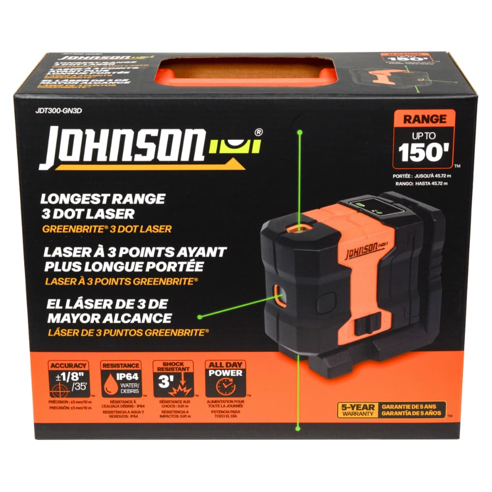 Johnson Level & Tool JDT300-GN3D Laser Level, Self-Leveling Kit 3 Dot Laser with GreenBrite® Technology, Magnetic Base, Hard-shell Carry Case, Floor Mount