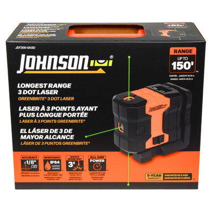 Johnson Level & Tool JDT300-GN3D Laser Level, Self-Leveling Kit 3 Dot Laser with GreenBrite® Technology, Magnetic Base, Hard-shell Carry Case, Floor Mount