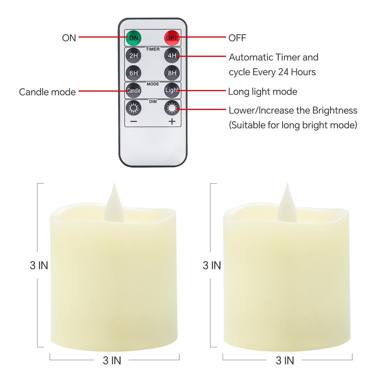 Genwelled Life Plus 3x3 Flameless Candles with Remote Set of 2, 3 inch Battery Candles Flickering with Timer, LED Pillar Candle for Indoor/Outdoor, Lvory White