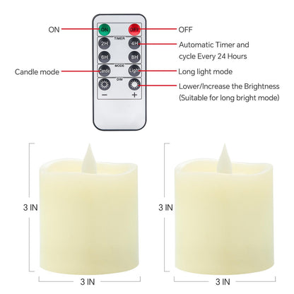 Genwelled Life Plus 3x3 Flameless Candles with Remote Set of 2, 3 inch Battery Candles Flickering with Timer, LED Pillar Candle for Indoor/Outdoor, Lvory White