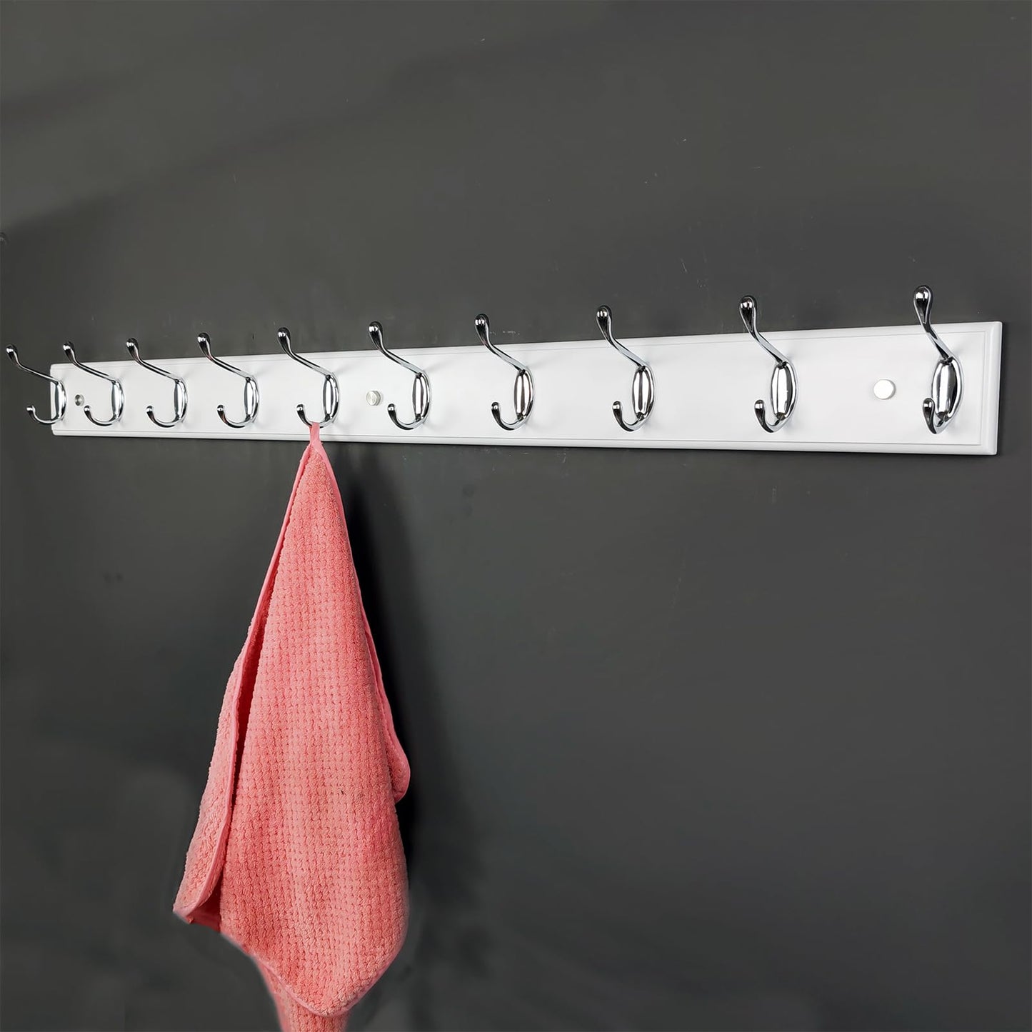 lomejii 37 Inch Long Wooden Wall Mounted Coat Rack with 10 Silver Chrome Hooks for Entryway and Bedroom to Hang Coats, Hats - Heavy Duty Hooks School Bag