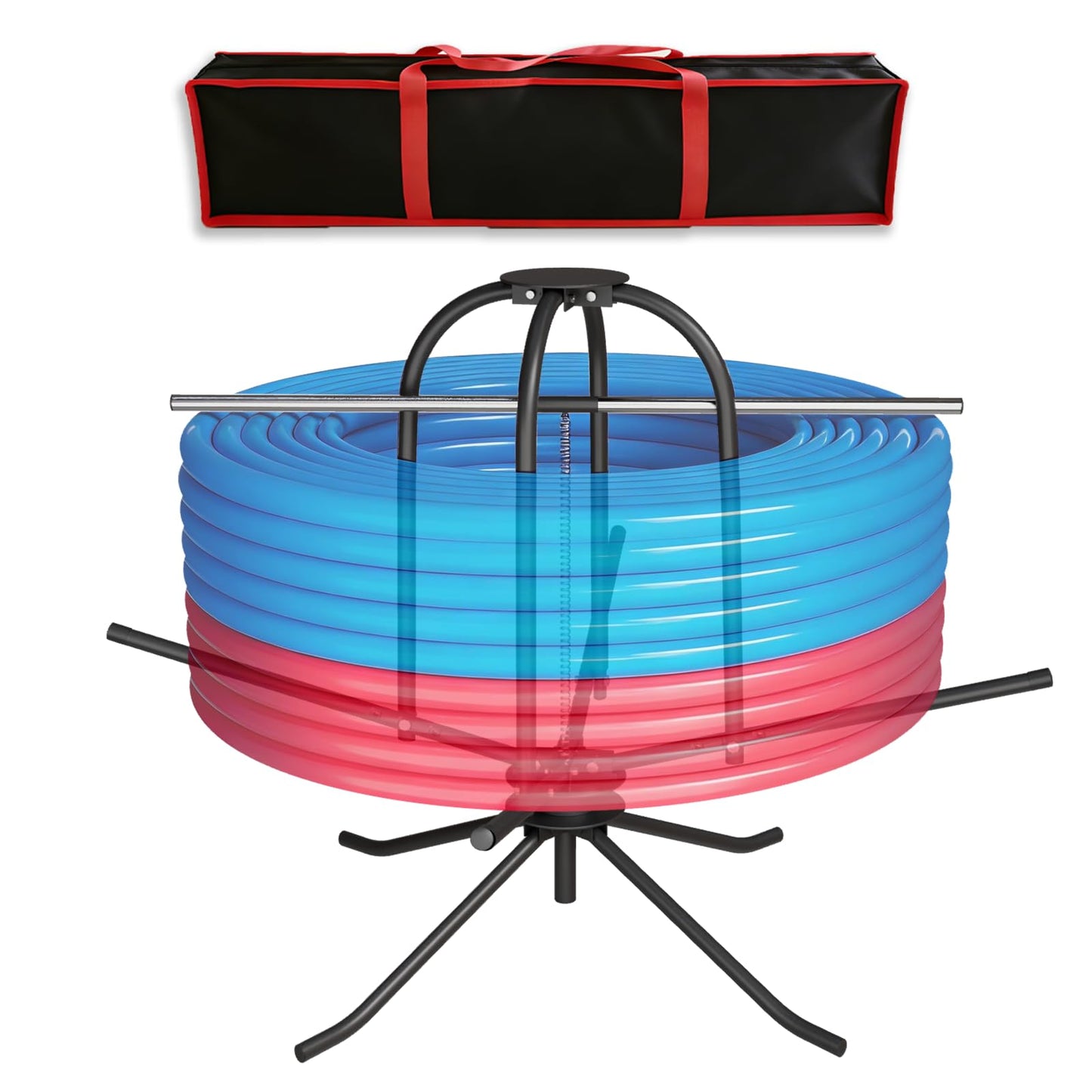Heavy Duty PEX Pipe Uncoiler with Carry Bag & Hold-Down Bar, 500 lb Load Capacity Full Size Steel Piping Uncoiler for 3/8”–1” PEX Tubing, Foldable Radiant Floor Heating Tube Reel Dispenser
