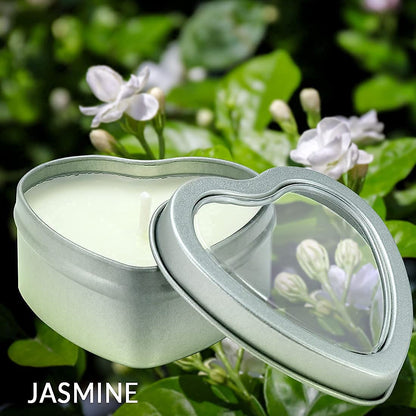 DEYBBY Jasmine Scented Soywax Tealight Candles, White Heart Shaped Aromatherapy Candles Gifts Tins for Women, Mother, Wife, Lover (Pack of 6)