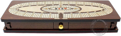House of Cribbage - Continuous Cribbage Board/Box Inlaid in Wenge Wood/Maple : 4 Track - Sliding Lids Drawer &amp Metal Pegs with Score Marking Fields for Skunks Corners and Won Games