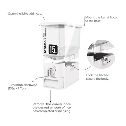 TAYAMA 33 lbs. Capacity Rice Dispenser Grain Storage Container, White