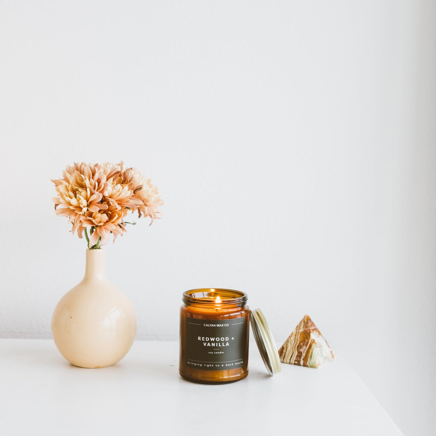 Calyan Wax Co. Redwood & Vanilla Scented Candle - 57 Hour Burn - Luxury Clean Soy Wax Candles - Long Lasting Amber Glass Jar Candle for Home - 7.2oz