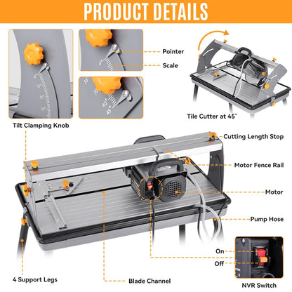 Hoteche 8-Inch Wet Tile Saw - 8A Benchtop Power Masonry Cutting Tool with Stand