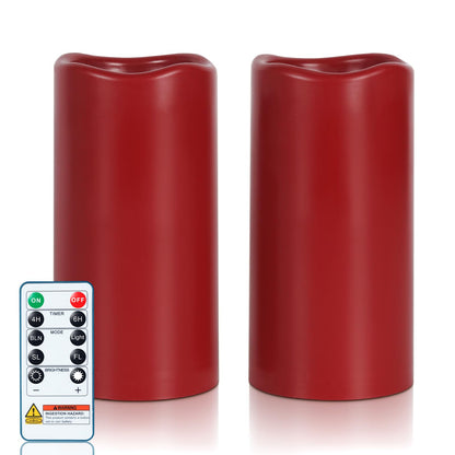 Amagic 3"x6" Red Flameless Candles with Remote, Christmas Battery Operated Candles with Timer, Waterproof LED Pillar Candles for Thanksgiving Table, Home, Outdoor Decor, Plastic, Set of 2