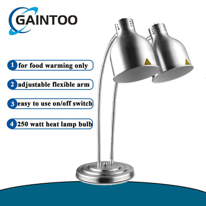 GAINTOO Dual Bulb Food Heat Lamp Restaurant Food Warmer Light Portable Heating Lamps Silver (Dual Head)