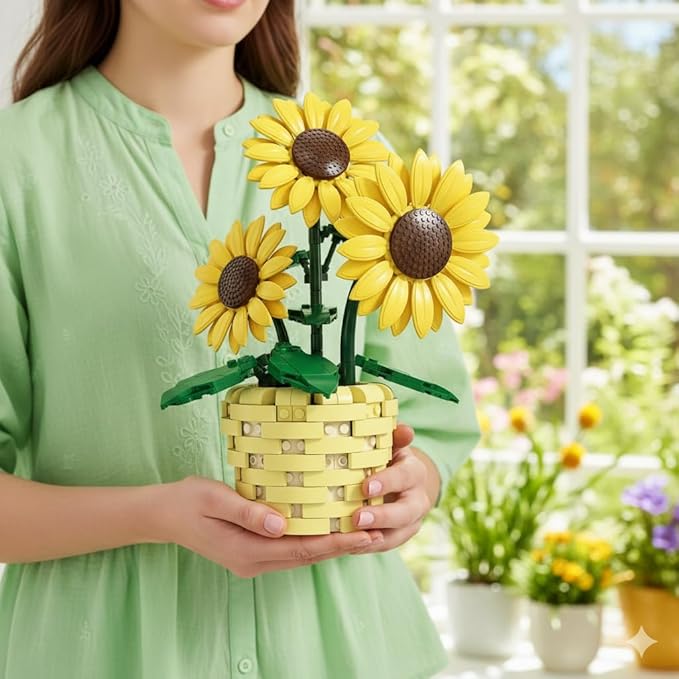 Xbert Sunflower Building Set Botanicals Potted Plant Artificial Flowers Fake Indoor Flowers for Home Office Bedroom Desk Decor - Gifts for for Women Adults