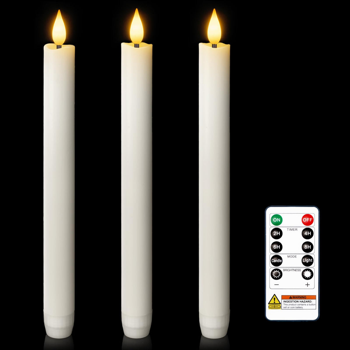 Homemory 3 Pcs Waxy Flameless Taper Candles with Remote, Flickering Battery Operated Taper Candles, Led Flameless Candlesticks Classic Tall Candle for Home, Wedding, Party, White, 9.6 inches