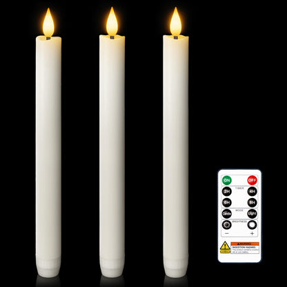 Homemory 3 Pcs Waxy Flameless Taper Candles with Remote, Flickering Battery Operated Taper Candles, Led Flameless Candlesticks Classic Tall Candle for Home, Wedding, Party, White, 9.6 inches