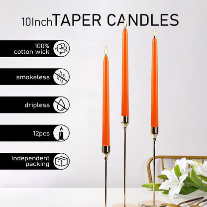 10 Inch Orange Slender Taper Candles Set - 12 Pcs Dripless, Smokeless with Cotton Wick, Ideal for Halloween,Thanksgiving,Dinner, Weddings & Home Decor.