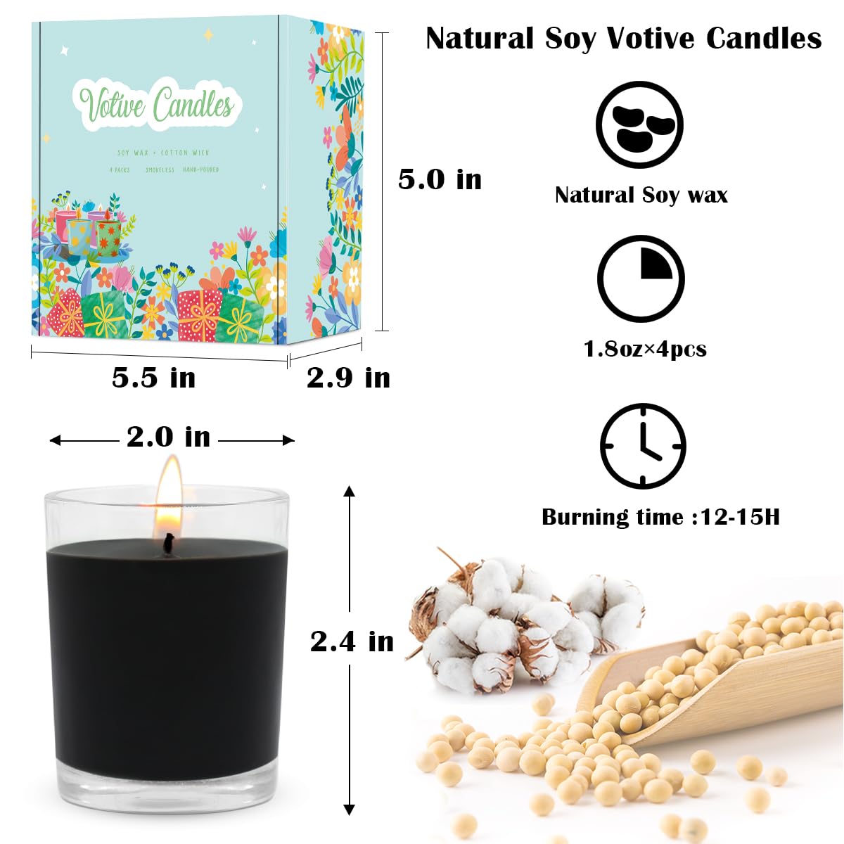 Unscented Black Votive Candles in Glass, 2 Inch Natural Soy Wax Scentless Candles for Halloween Wedding Party Home Holidays Relaxation Spa, 12-15 Hour Burning Time, 4 Packs