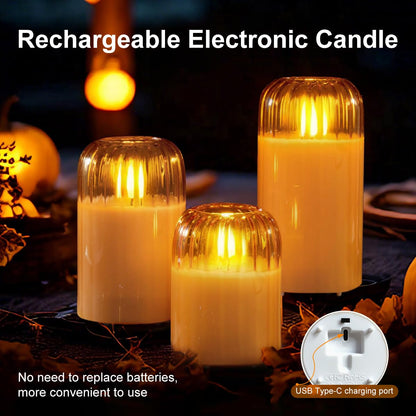 LEDHOLYT Rechargeable Jar Flameless Candle, Flashing LED Pillar Christmas Candle with Remote Control and Timer, Gold Pumpkin Glass Electronic Candles for Room Decoration, 1 Set of 3